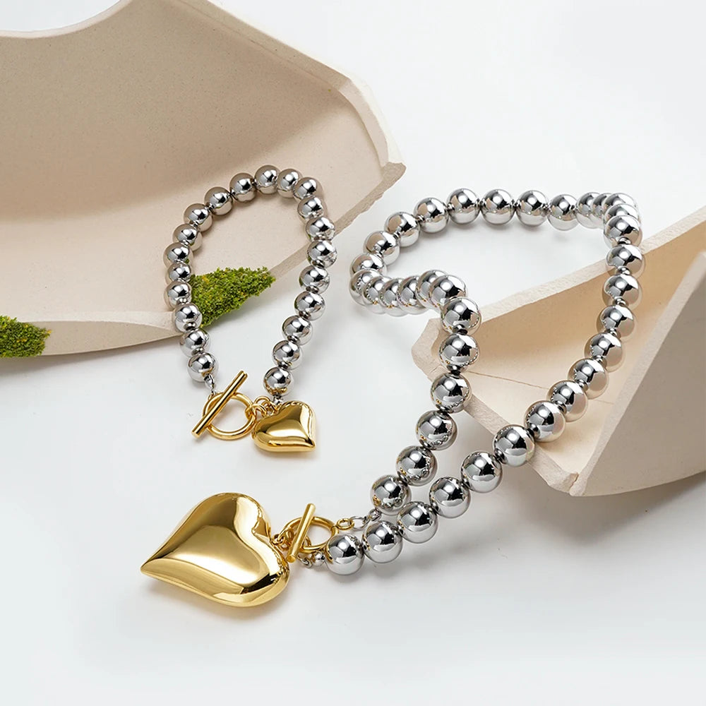 Silver Pearl Heart Bracelet & Necklace