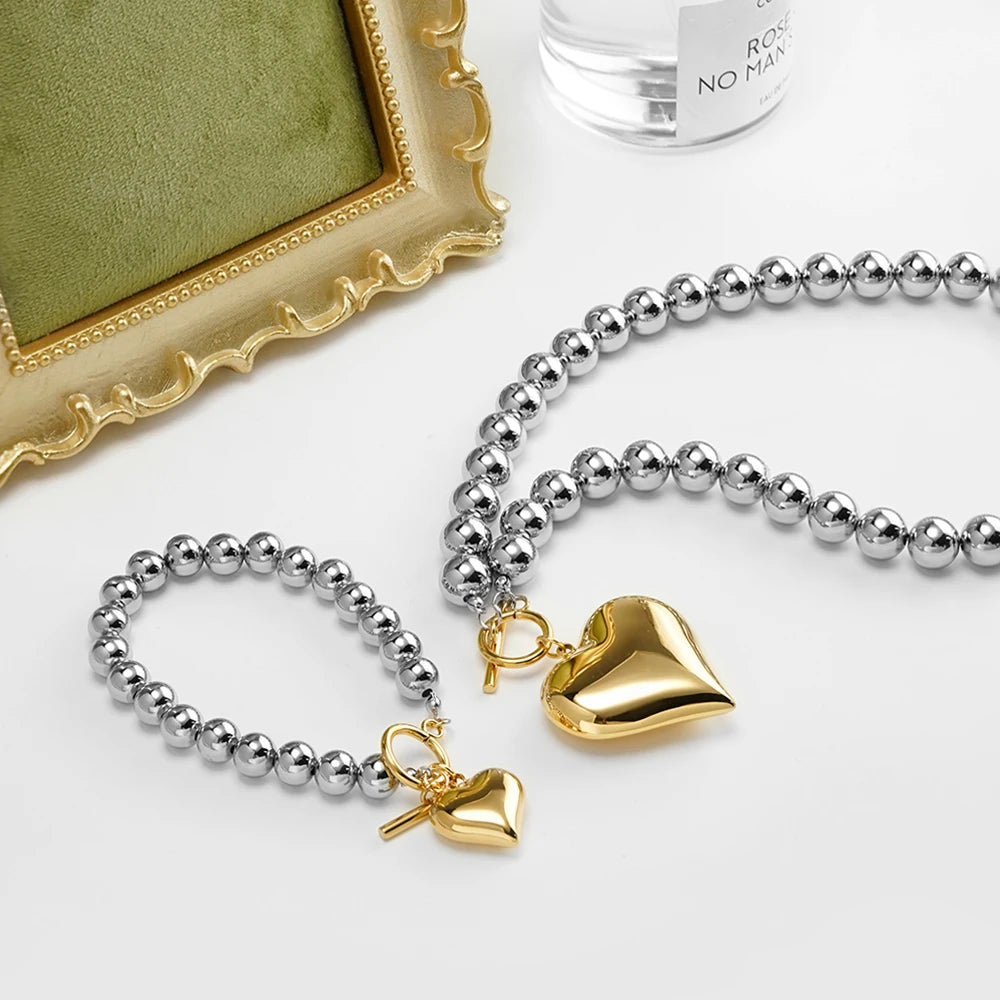 Silver Pearl Heart Bracelet & Necklace