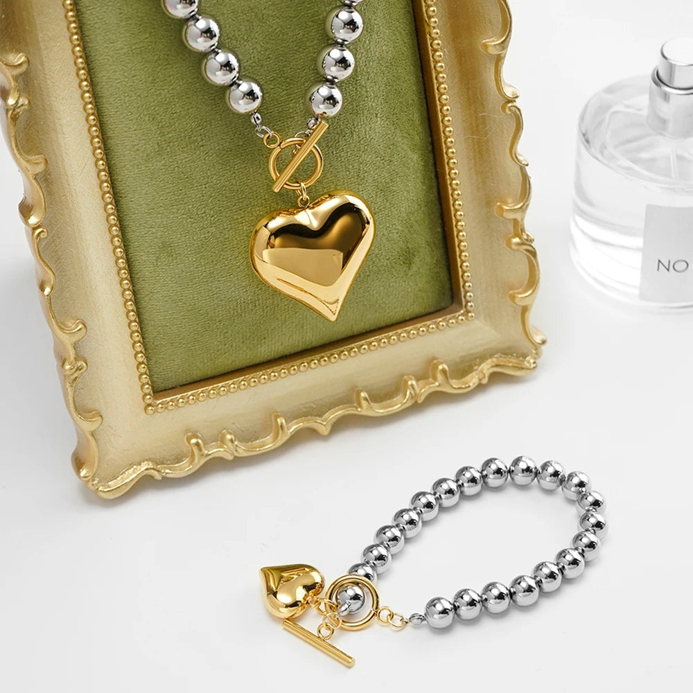 Silver Pearl Heart Bracelet & Necklace