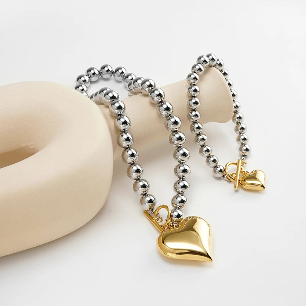 Silver Pearl Heart Bracelet & Necklace