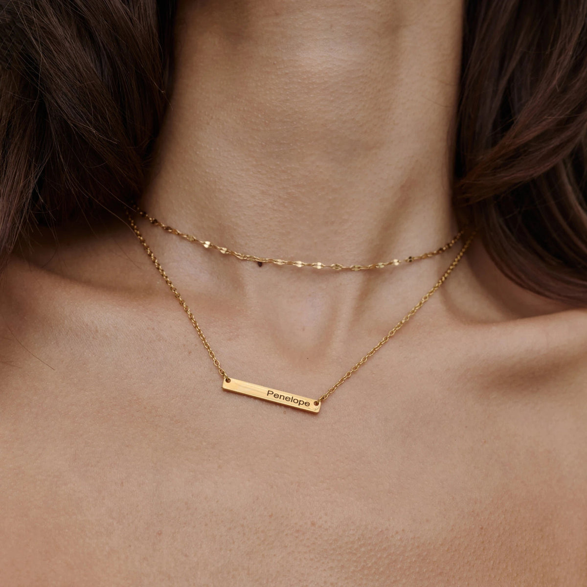 Engraved bar necklace layered