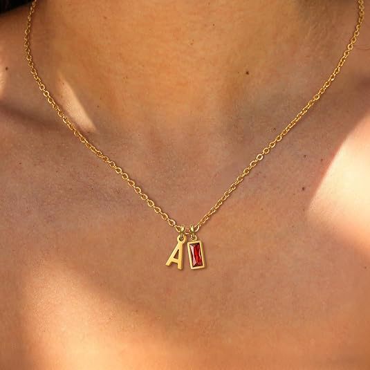 Initial Baguette Birthstone Necklace
