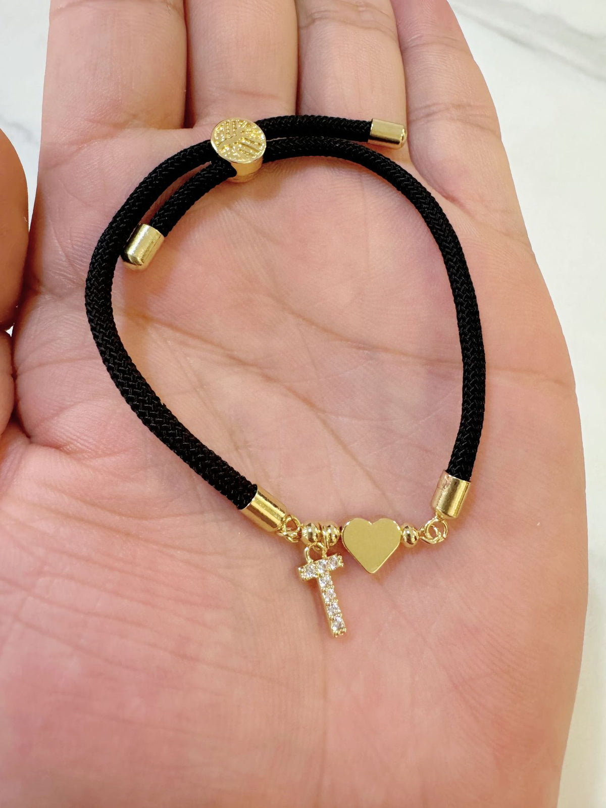Black initial rope bracelet, letter T
