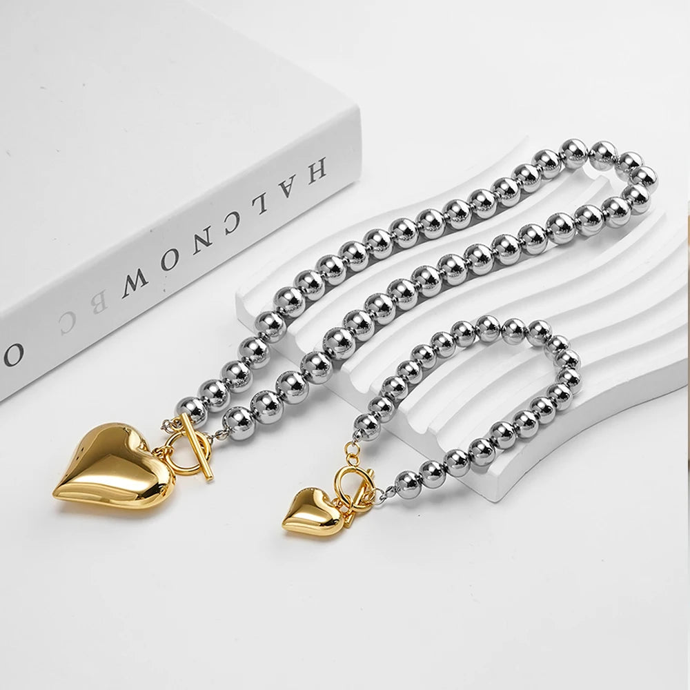 Silver Pearl Heart Bracelet & Necklace
