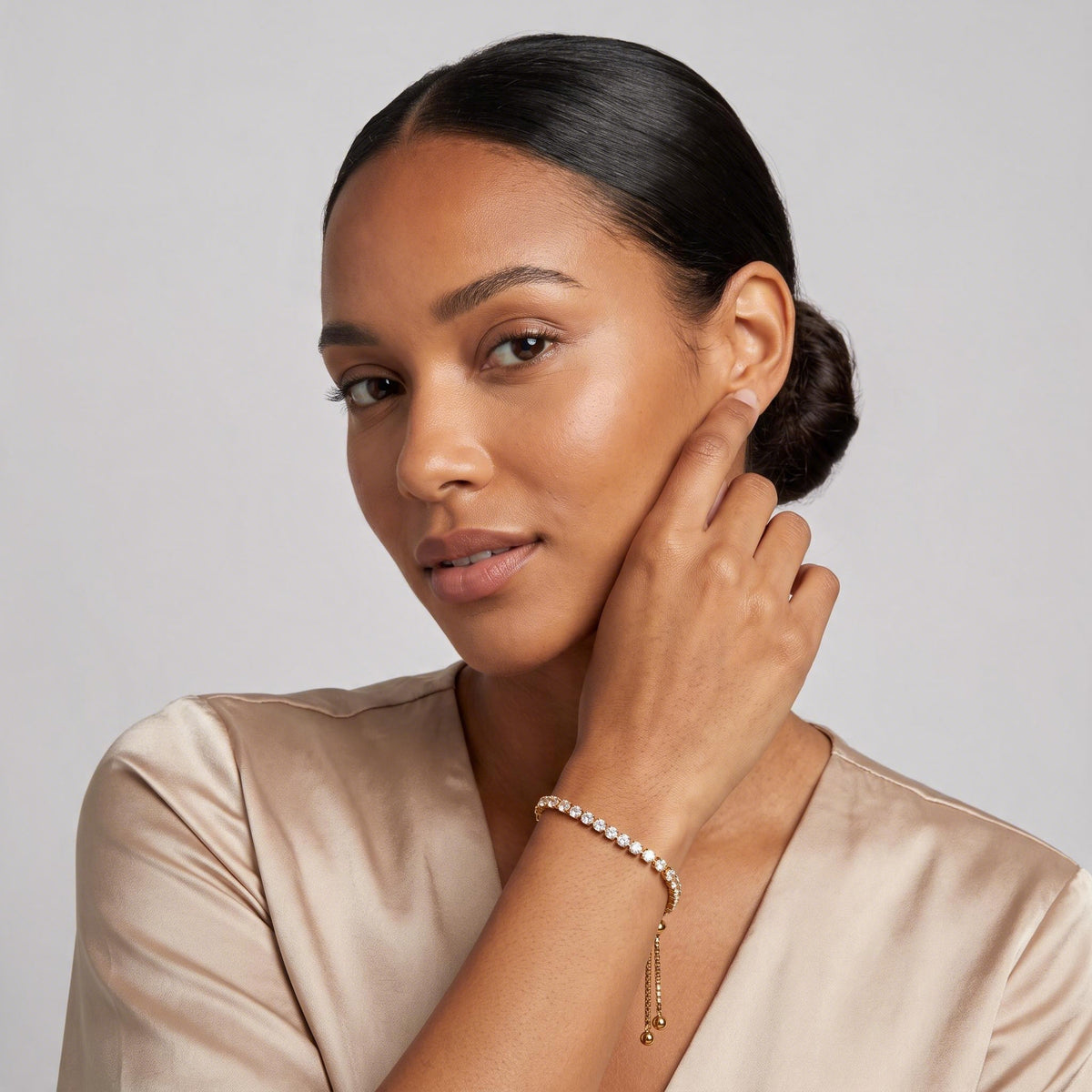 Adjustable Stainless Tennis Bracelet worn by a model