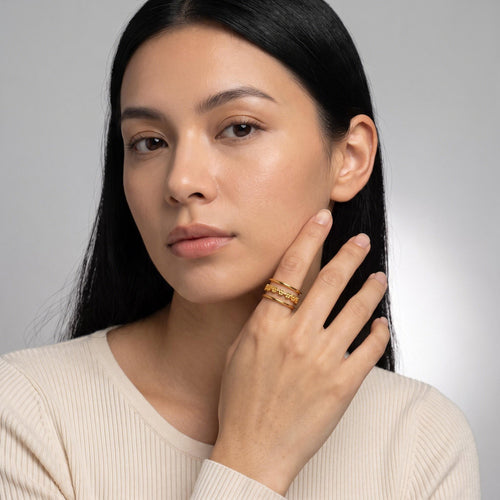 Beaded Trio Ring worn by a model