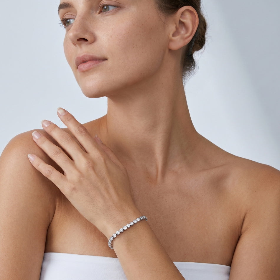 Model wearing the bezel lab diamond tennis bracelet