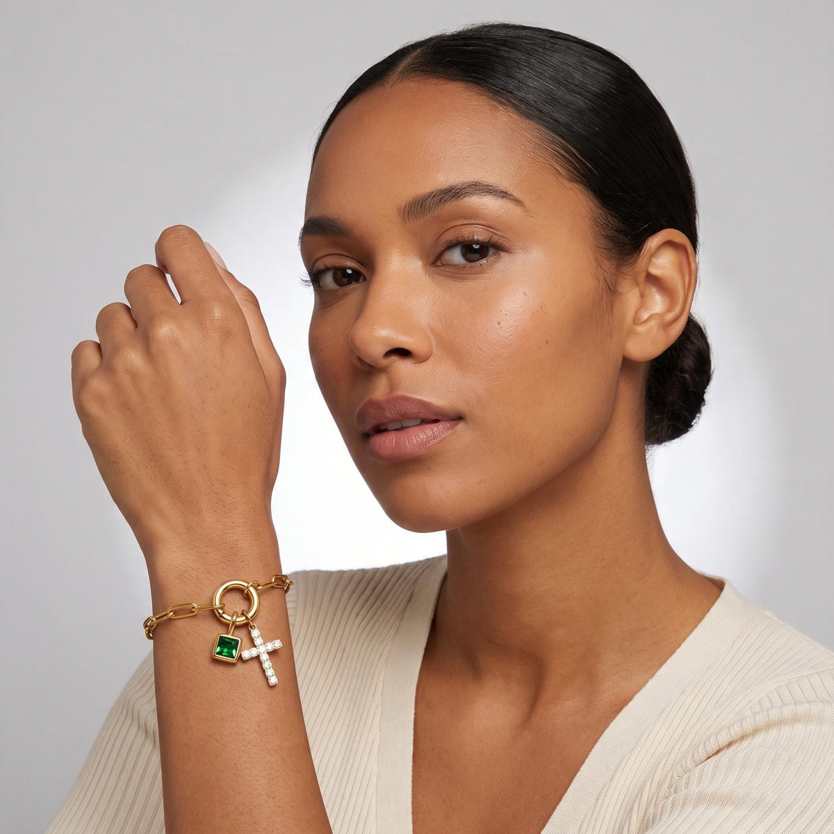 Birthstone Cross Clip Bracelet worn by a model