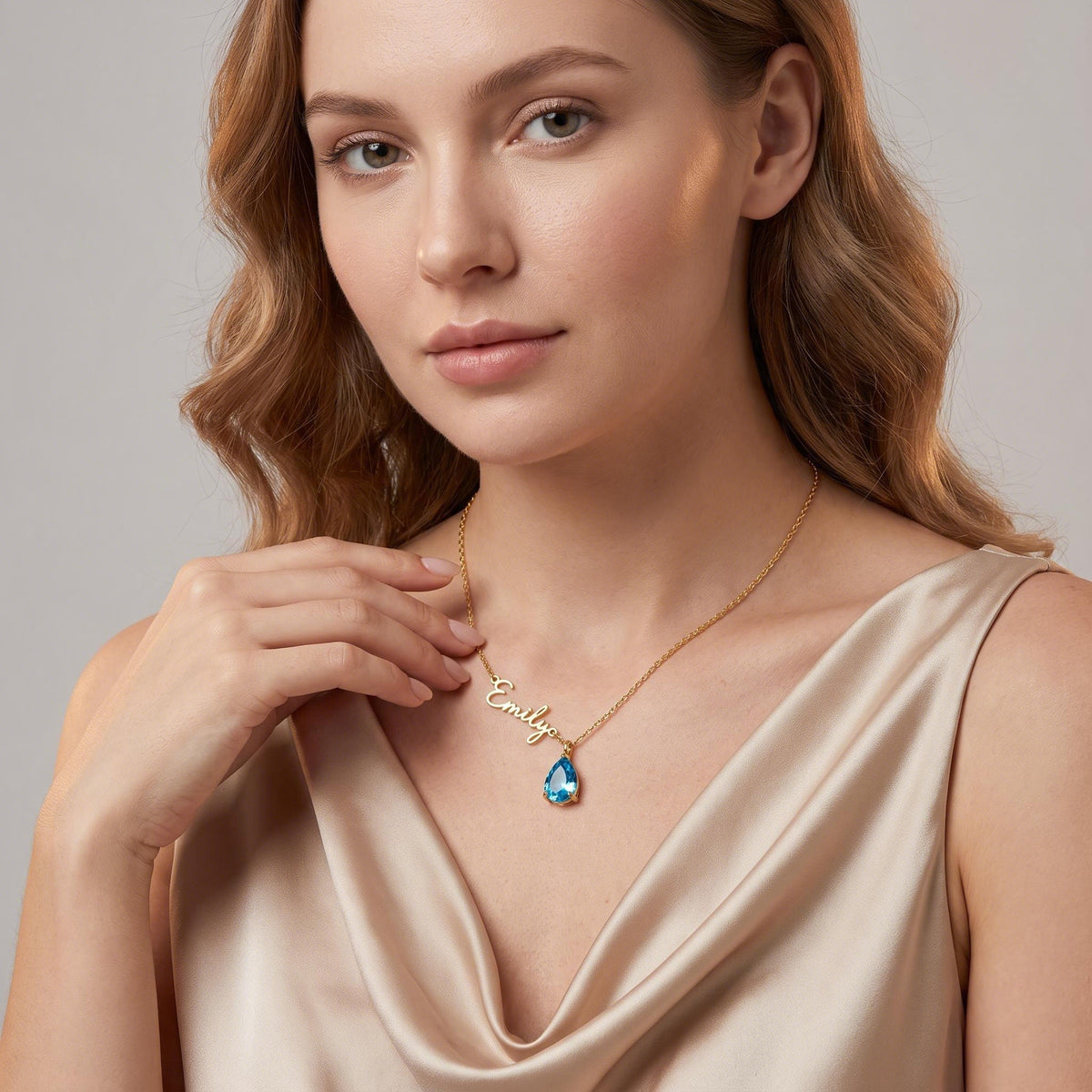 Birthstone Name Necklace worn by a model