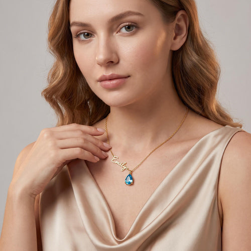 Birthstone Name Necklace worn by a model