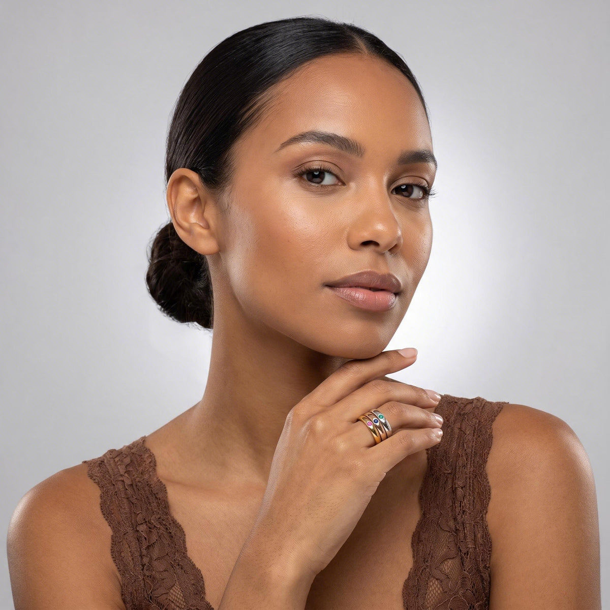 Birthstone Name Ring worn by a model