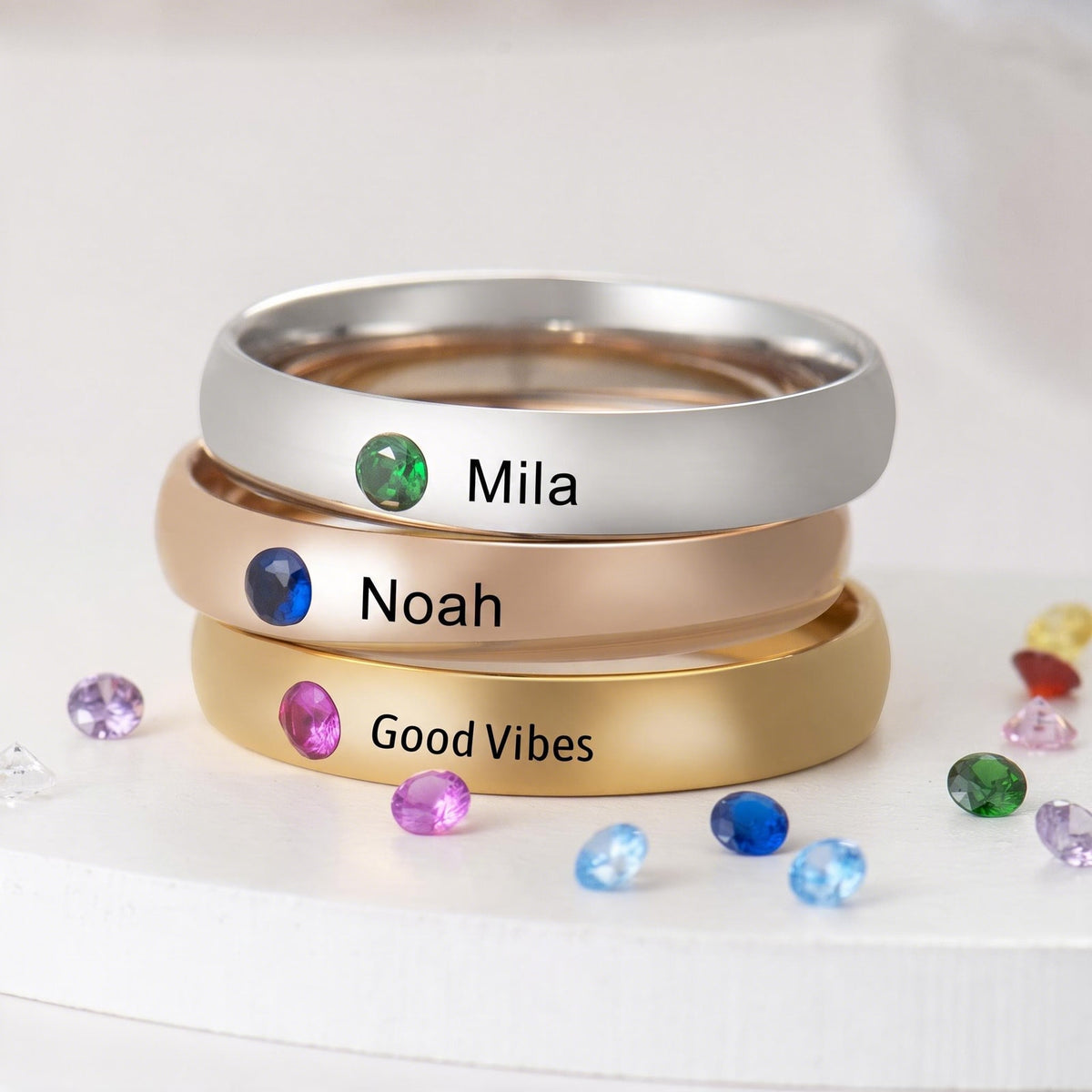 Birthstone Name Ring stacked