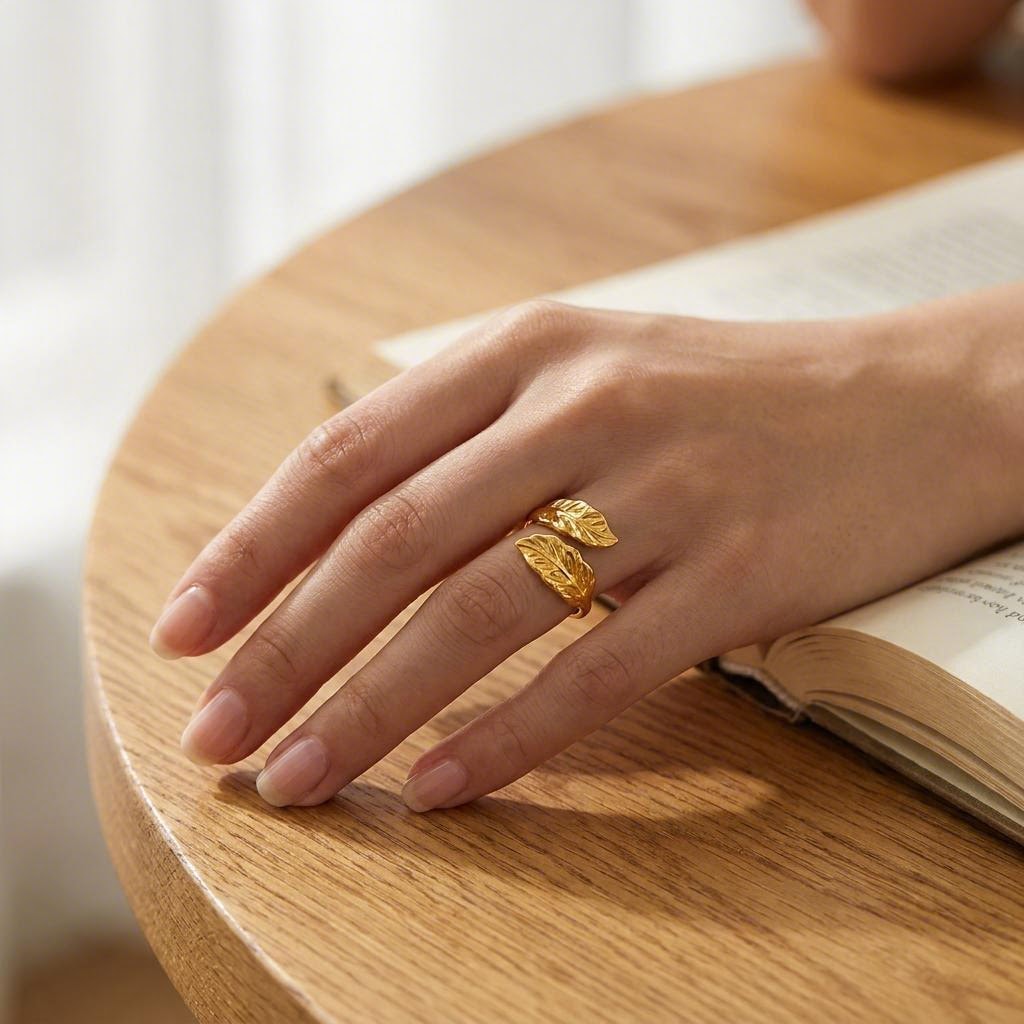 Feather Leaf Wrap Ring worn on the hand