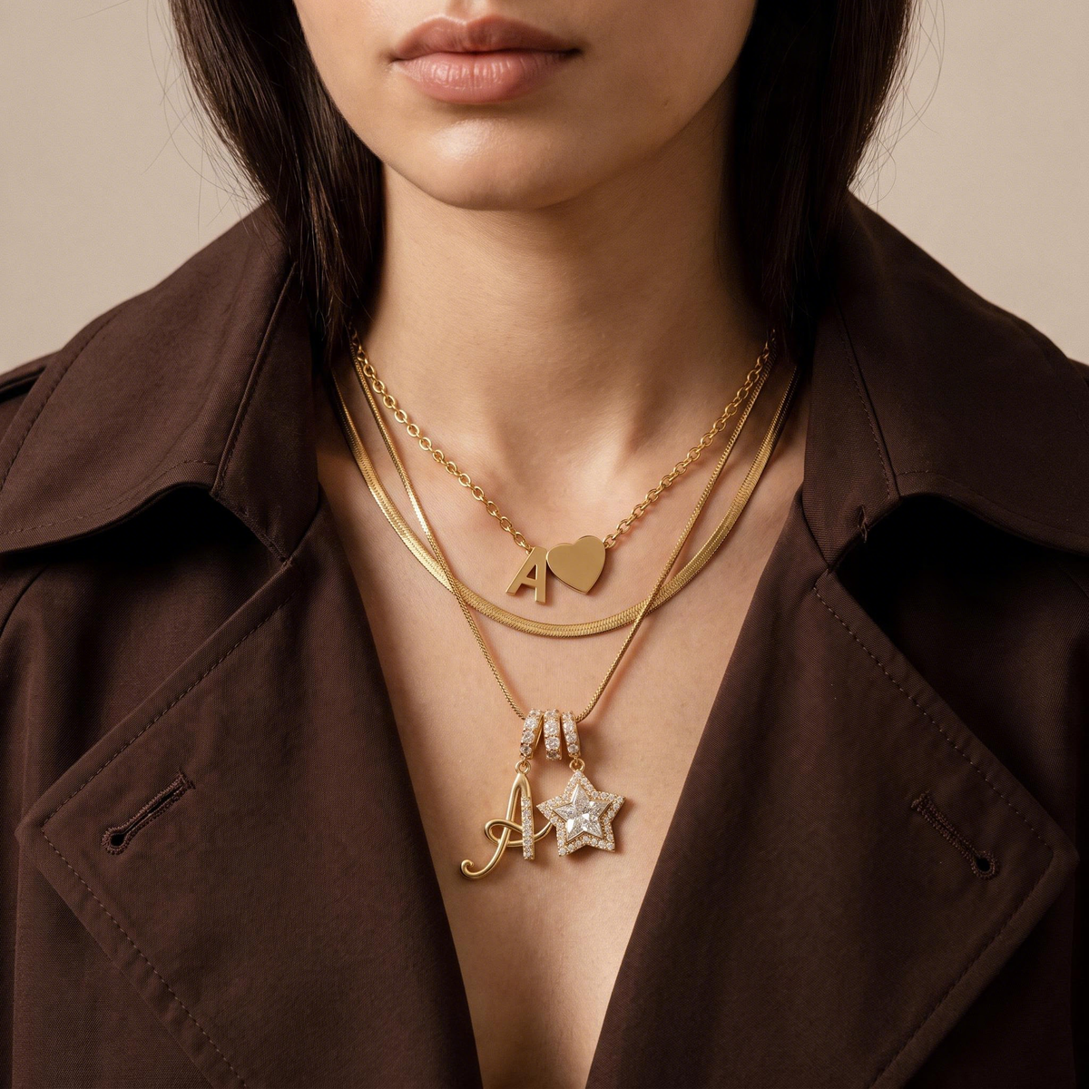 Heart Love Letter Necklace worn in a stack