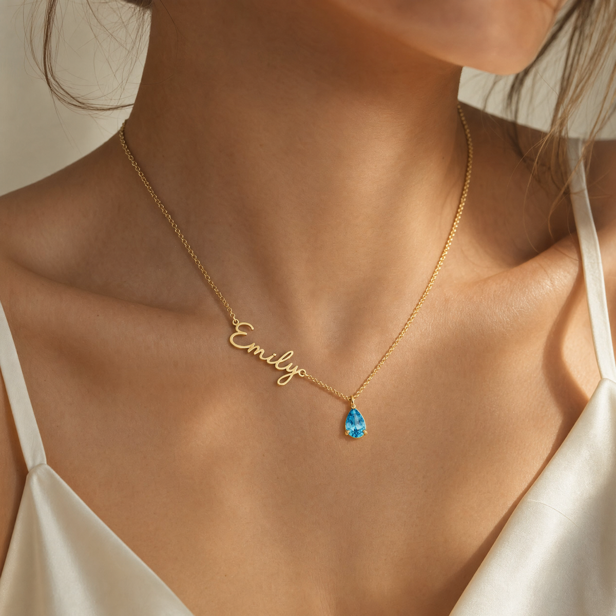 Birthstone name necklace worn
