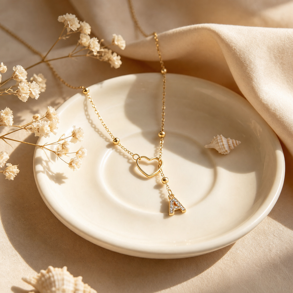 Gold drop initial necklace in a dish