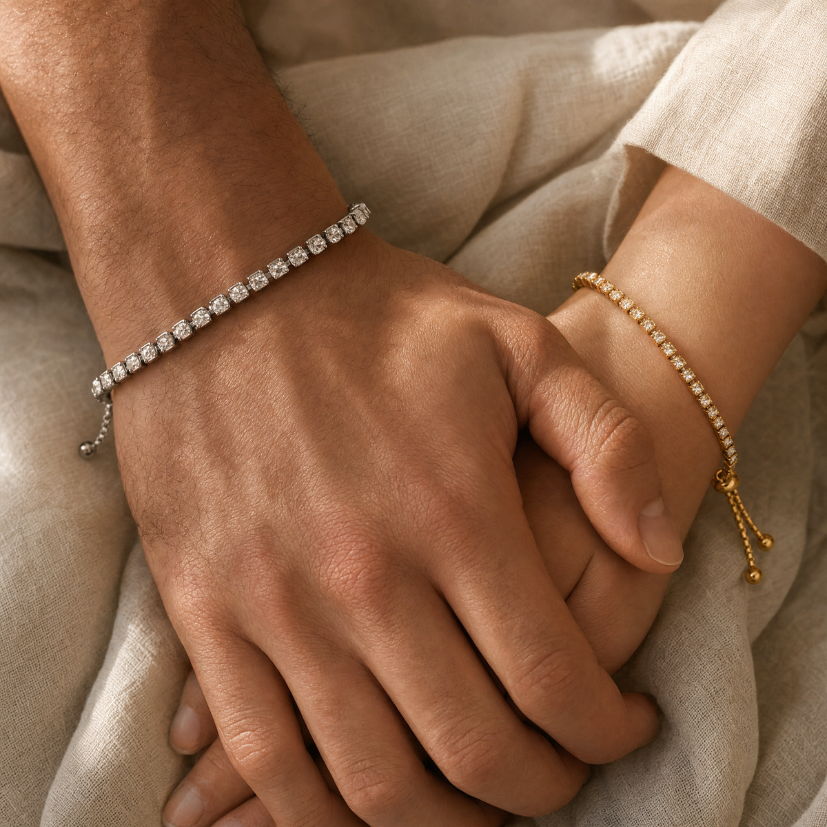 His and hers adjustable tennis bracelets in silver and gold