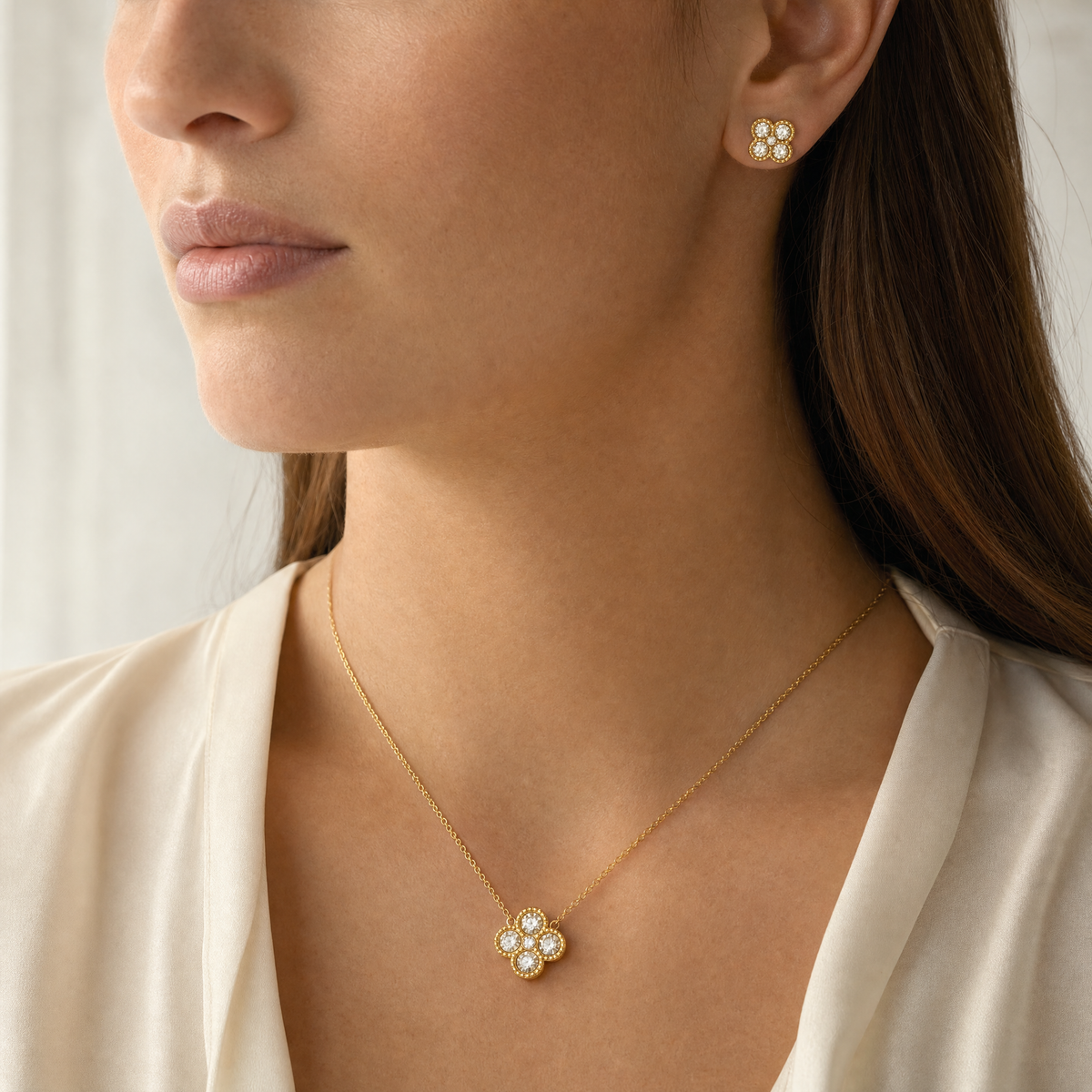Clover earrings and necklace worn
