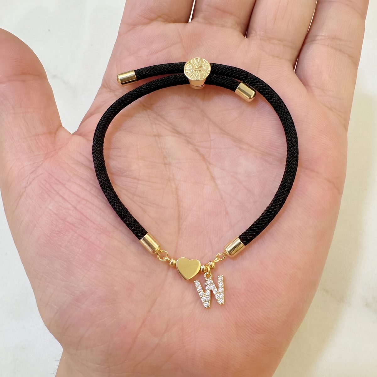 Black initial rope bracelet, letter W
