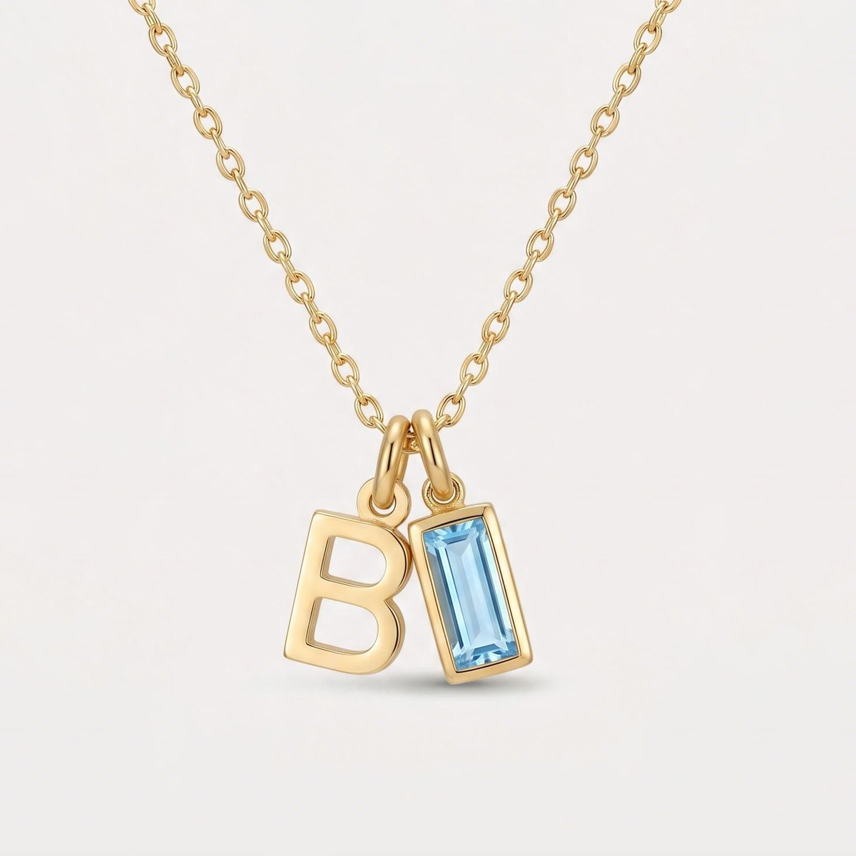 Initial Baguette Birthstone Necklace, letter B