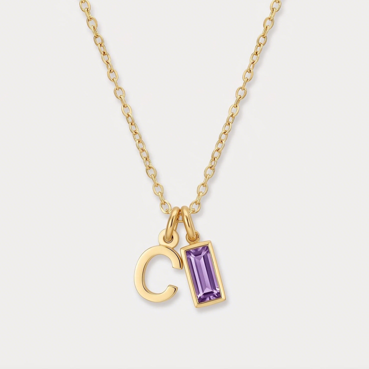 Initial Baguette Birthstone Necklace, letter C