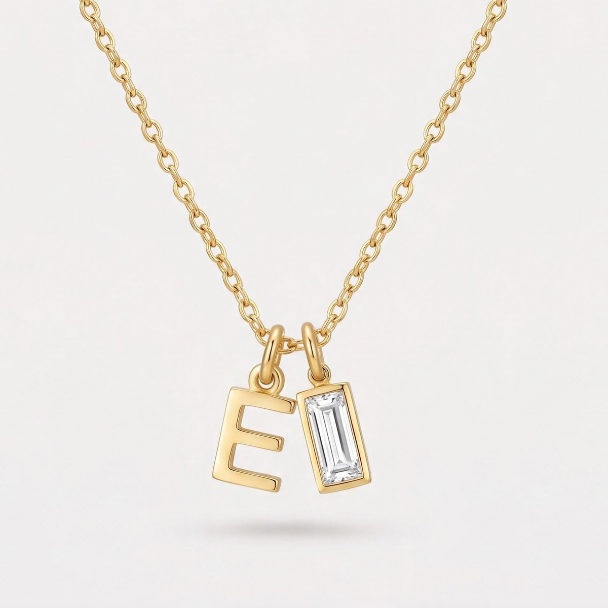 Initial Baguette Birthstone Necklace, letter E