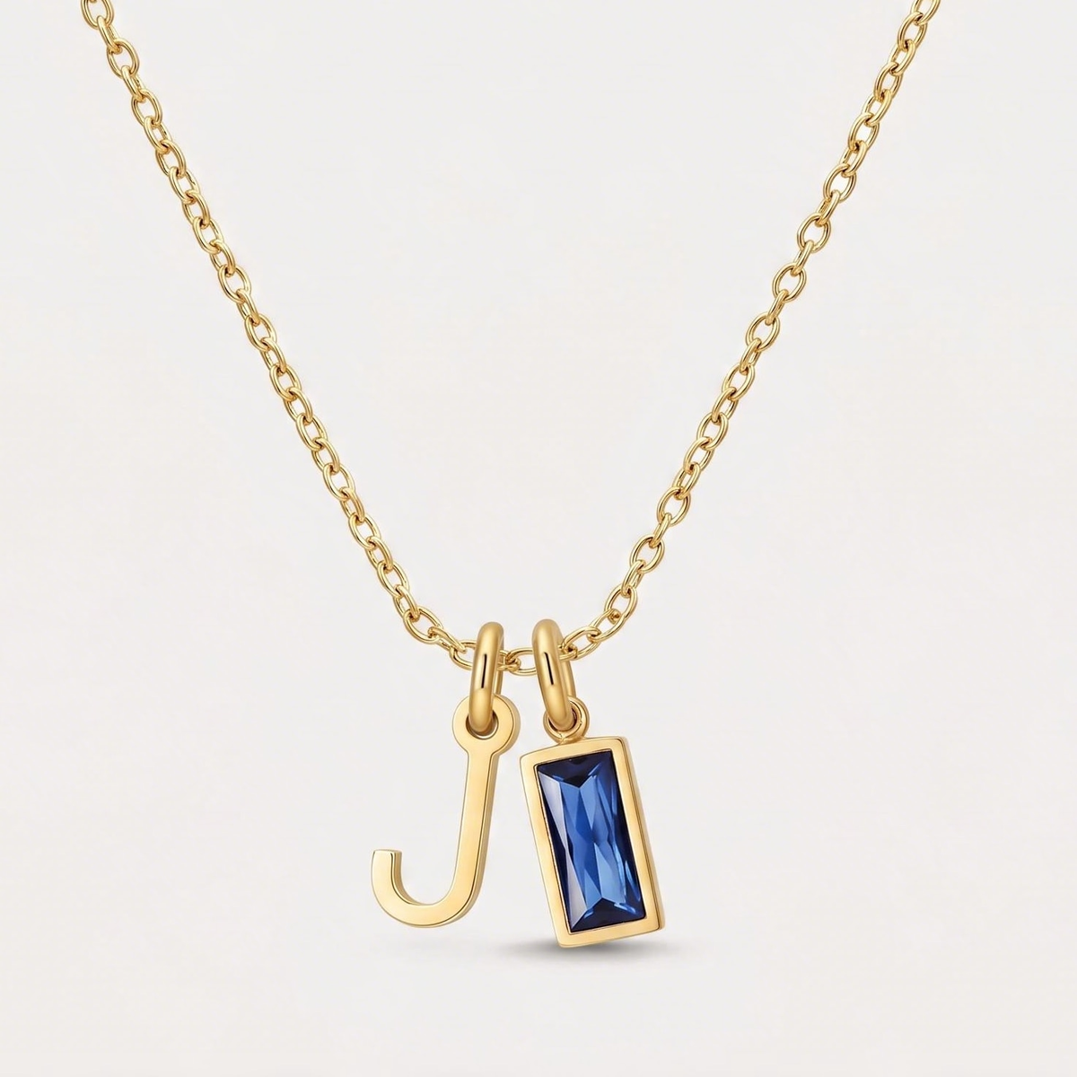 Initial Baguette Birthstone Necklace, letter J