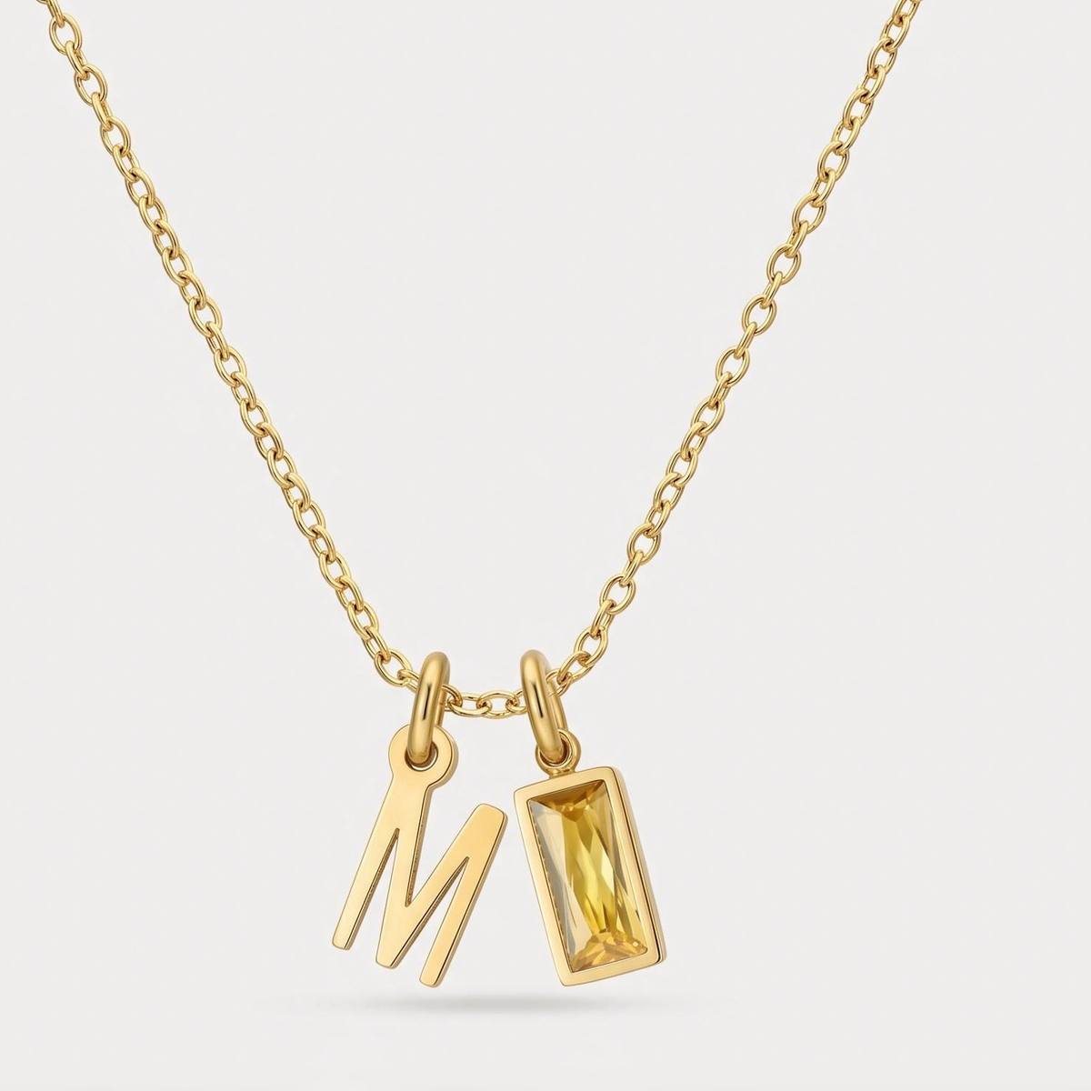 Initial Baguette Birthstone Necklace, letter M