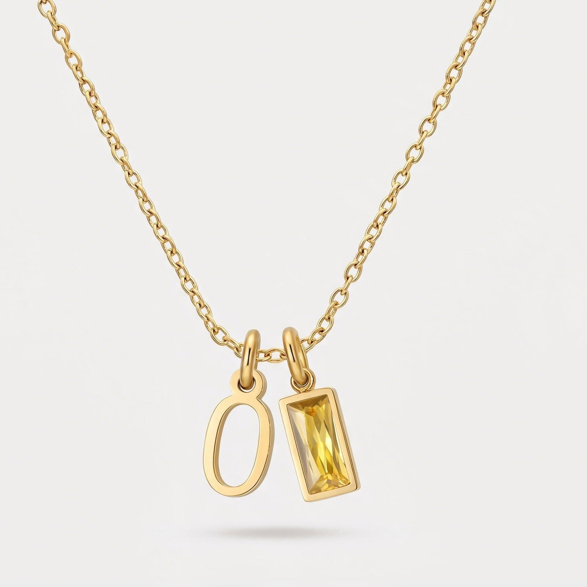 Initial Baguette Birthstone Necklace, letter O