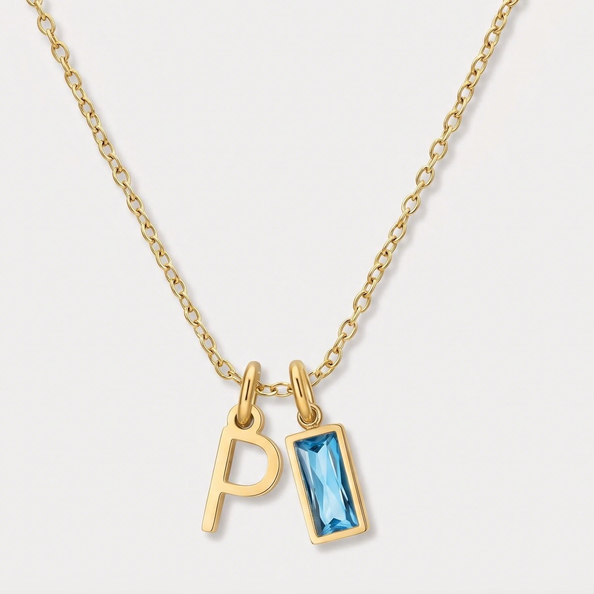 Initial Baguette Birthstone Necklace, letter P