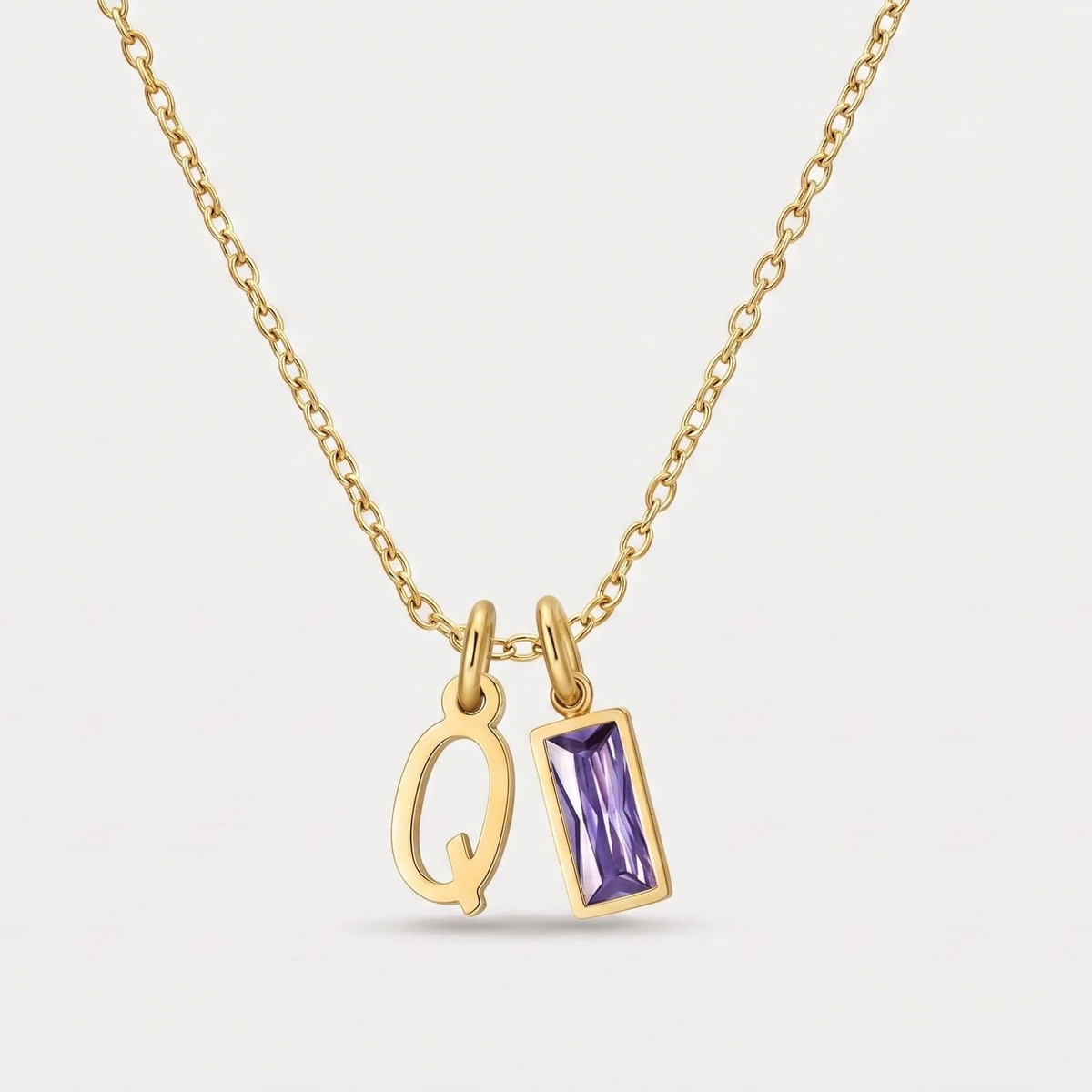 Initial Baguette Birthstone Necklace, letter Q