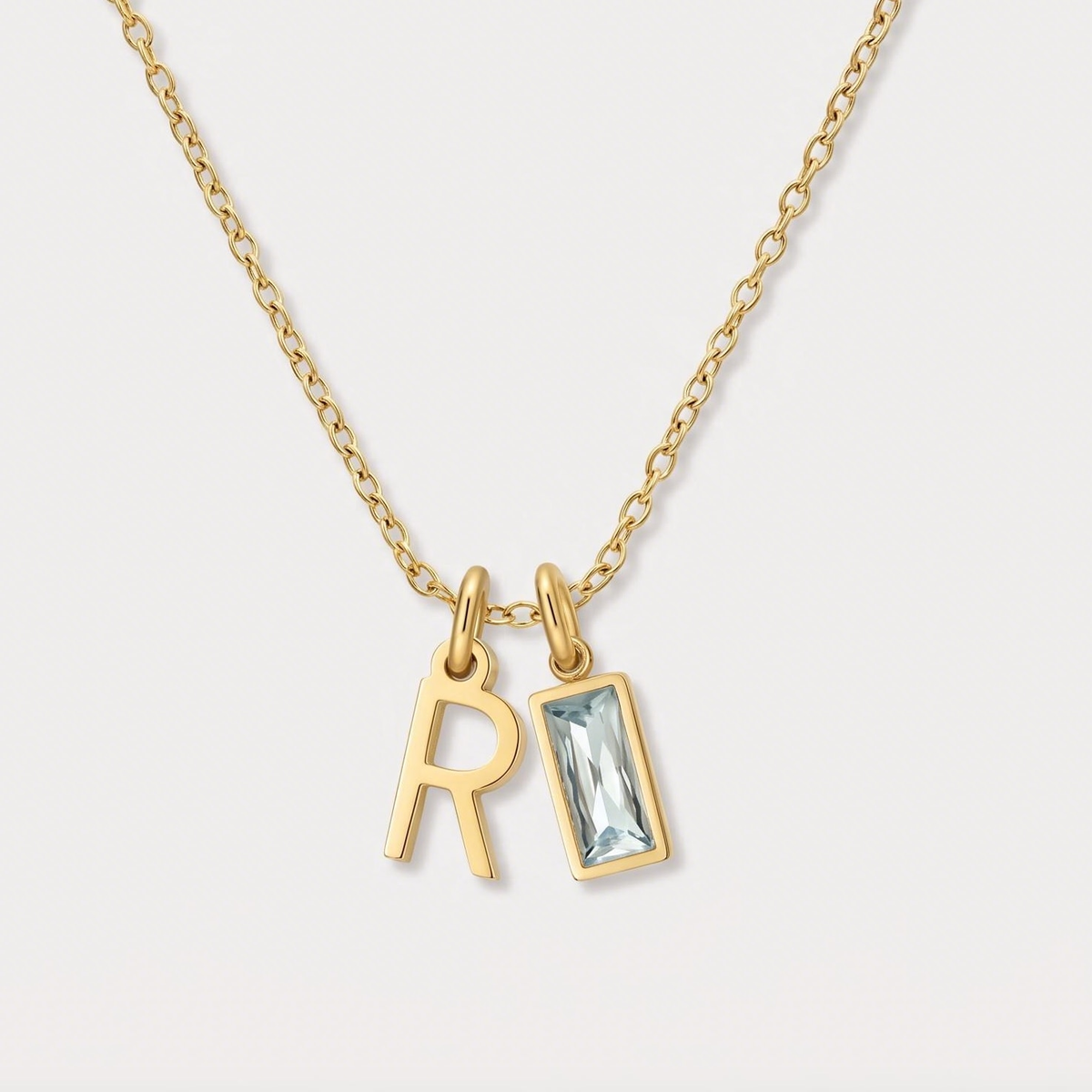 Initial Baguette Birthstone Necklace, letter R