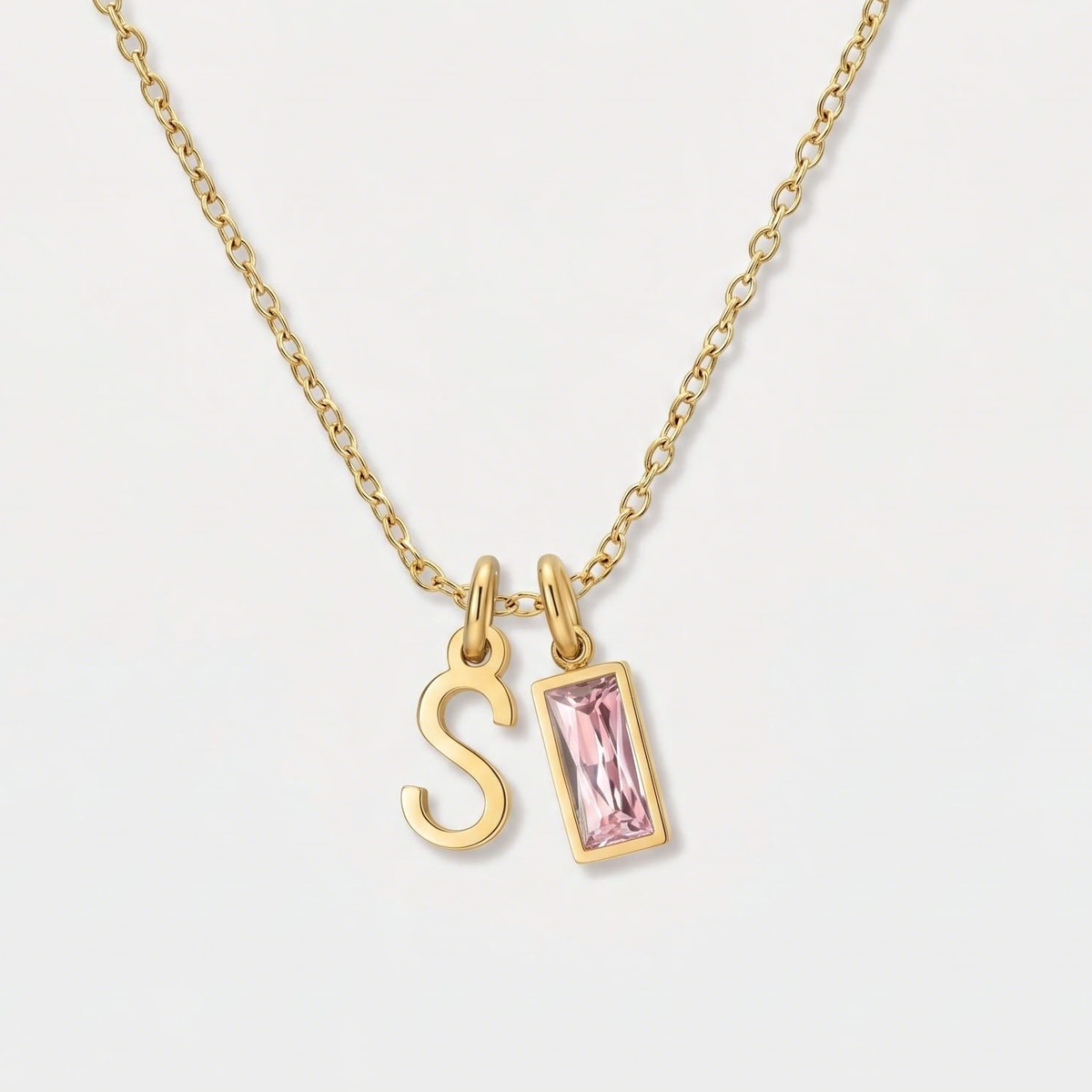 Initial Baguette Birthstone Necklace, letter S