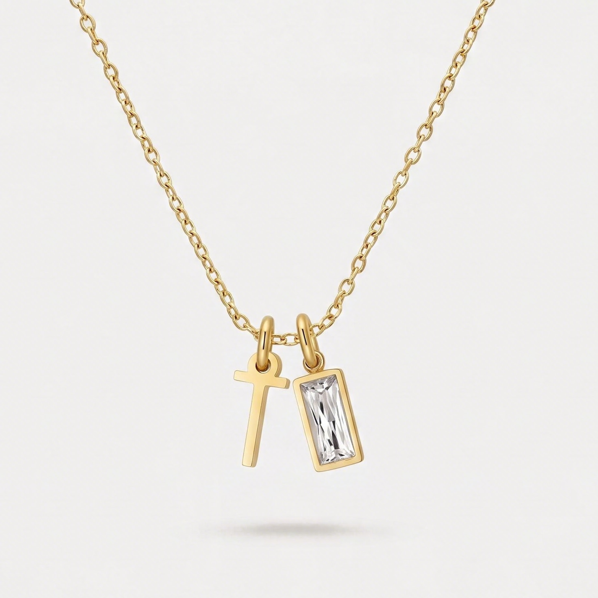 Initial Baguette Birthstone Necklace, letter T