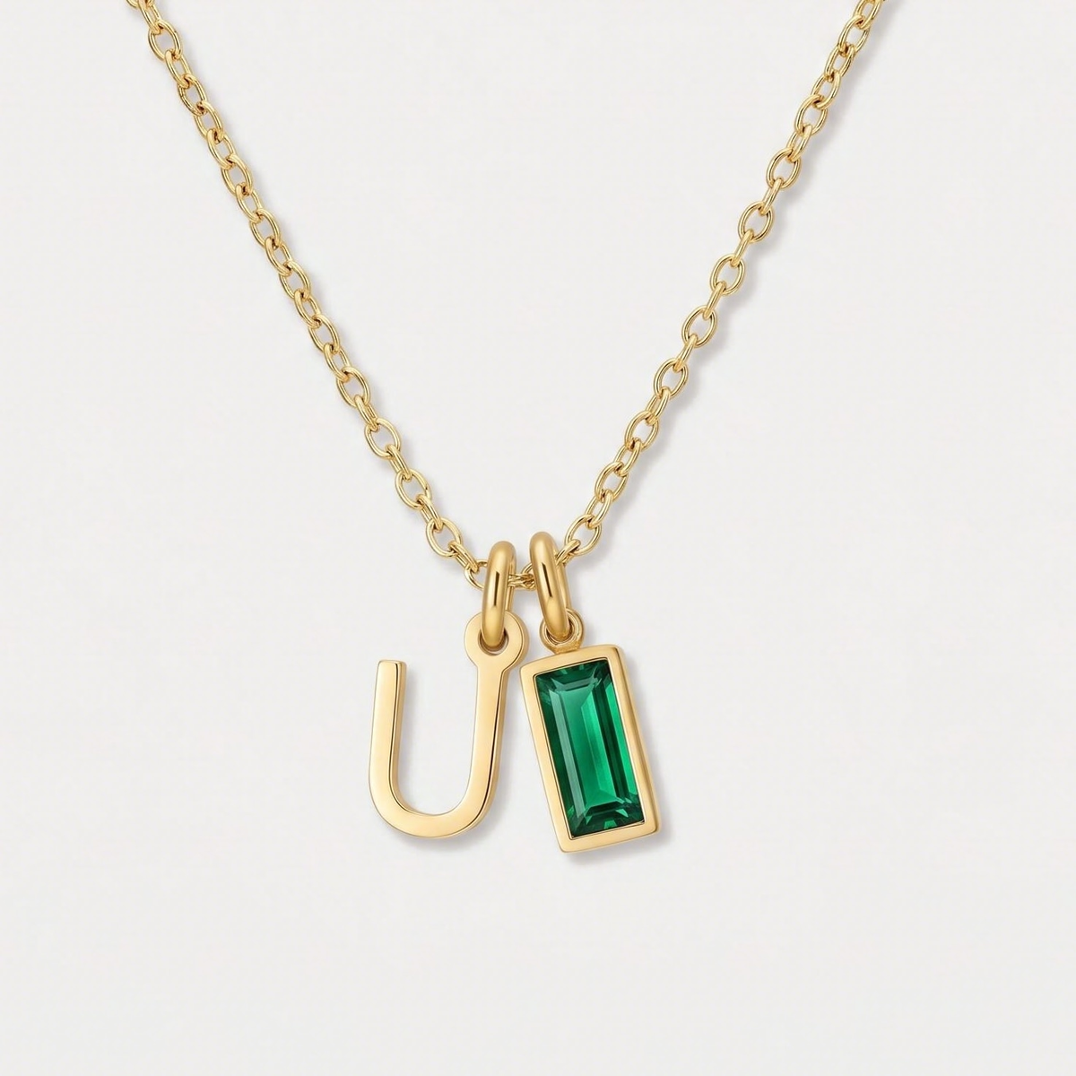 Initial Baguette Birthstone Necklace, letter U