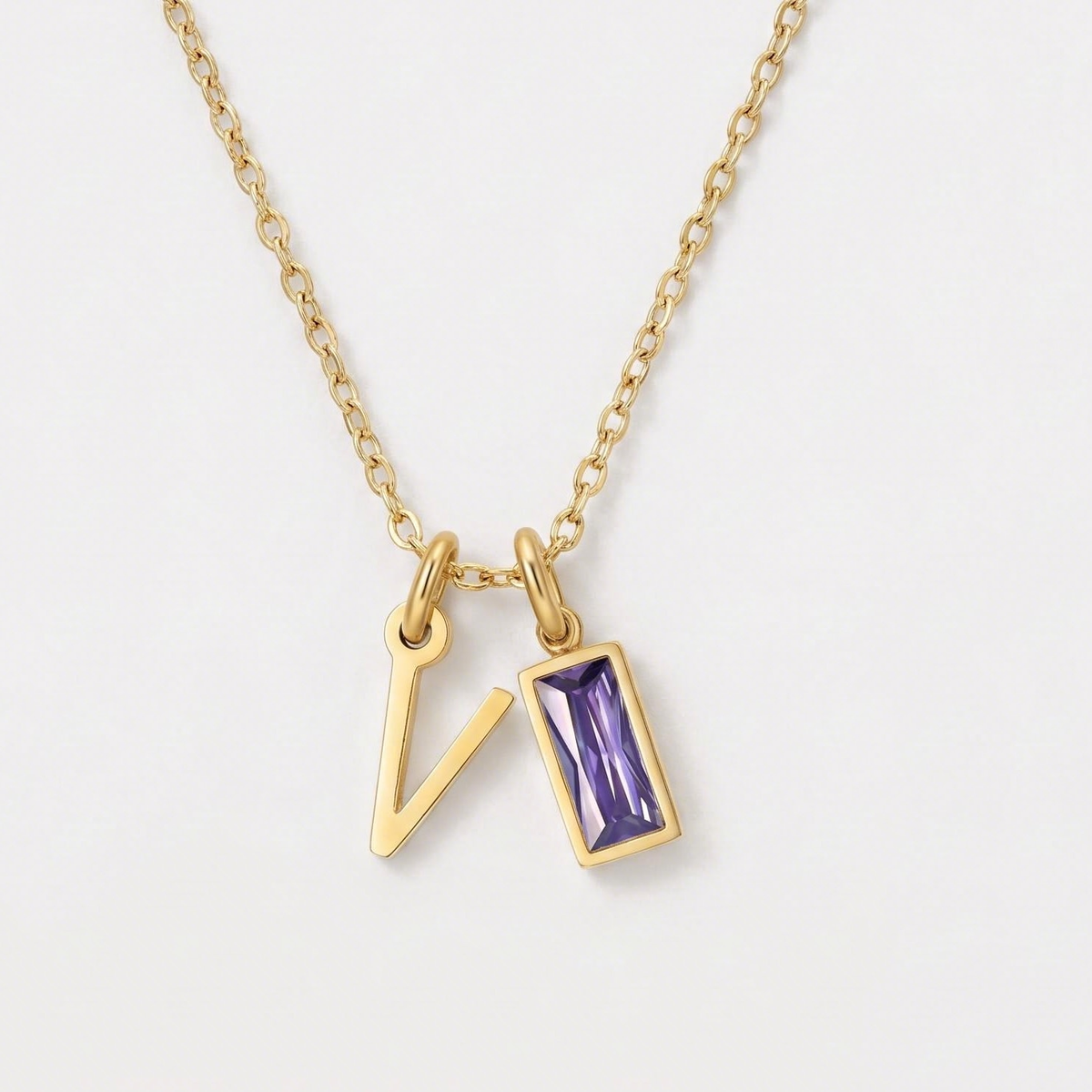 Initial Baguette Birthstone Necklace, letter V