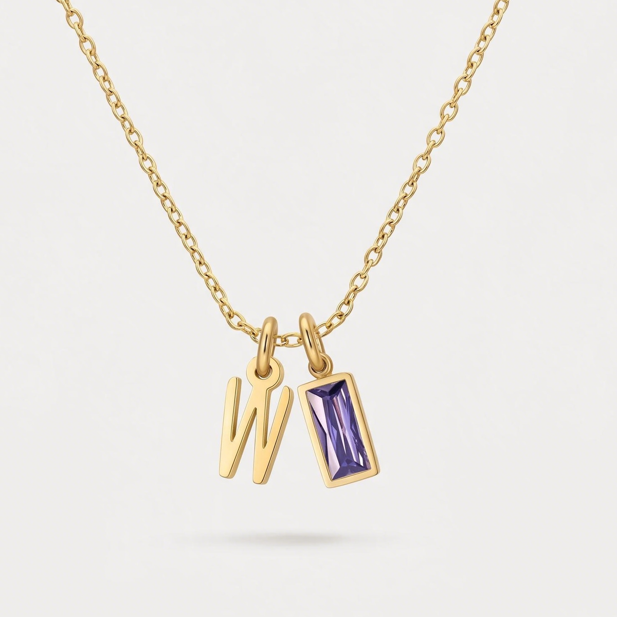 Initial Baguette Birthstone Necklace, letter W