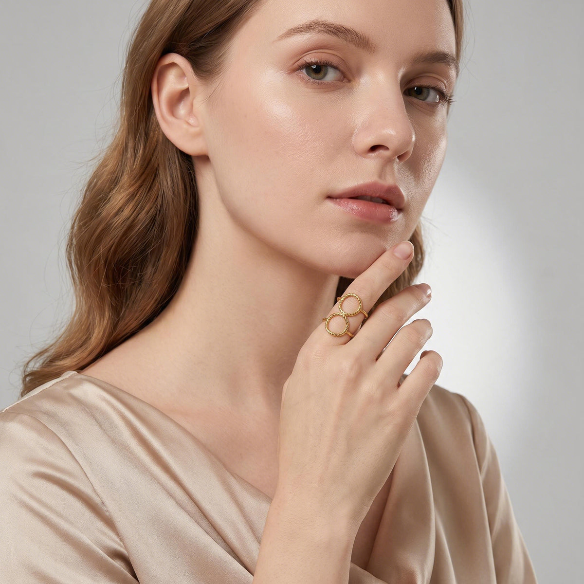 Interlocking Circles Ring worn by a model