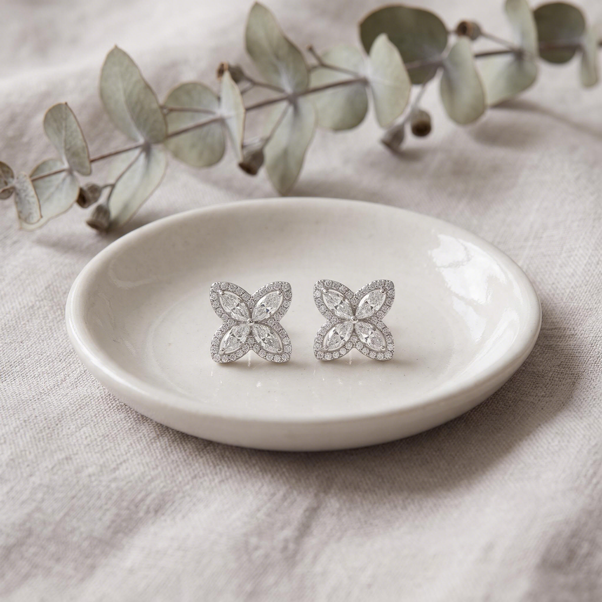 In a ceramic dish on linen