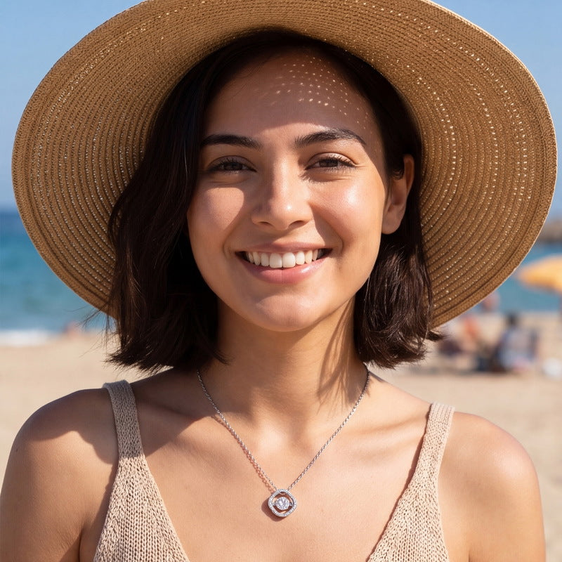Model wearing the dancing clover necklace