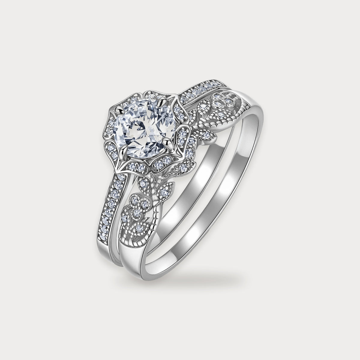 Lab Diamond Floral Bridal Set in sterling silver