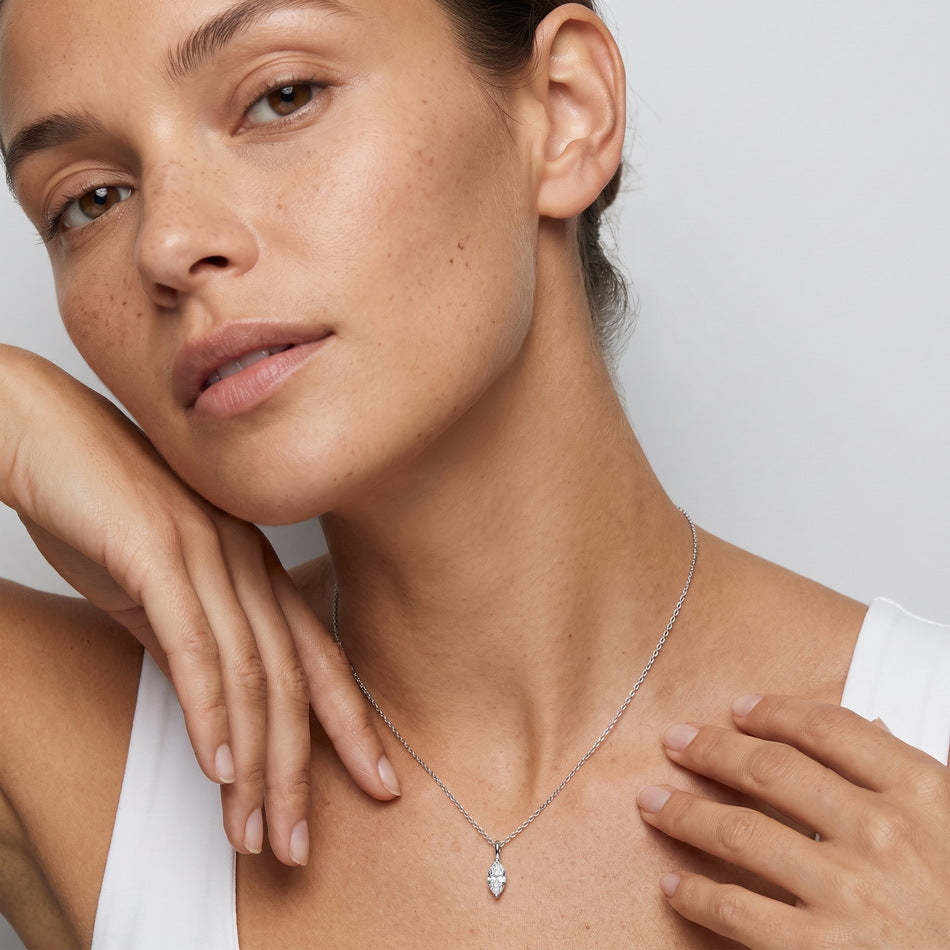 Model wearing the marquise drop necklace