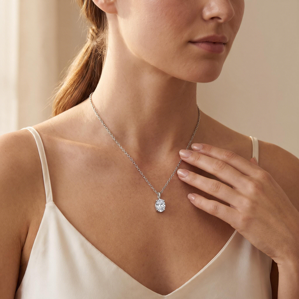 Model wearing the lab diamond oval pendant