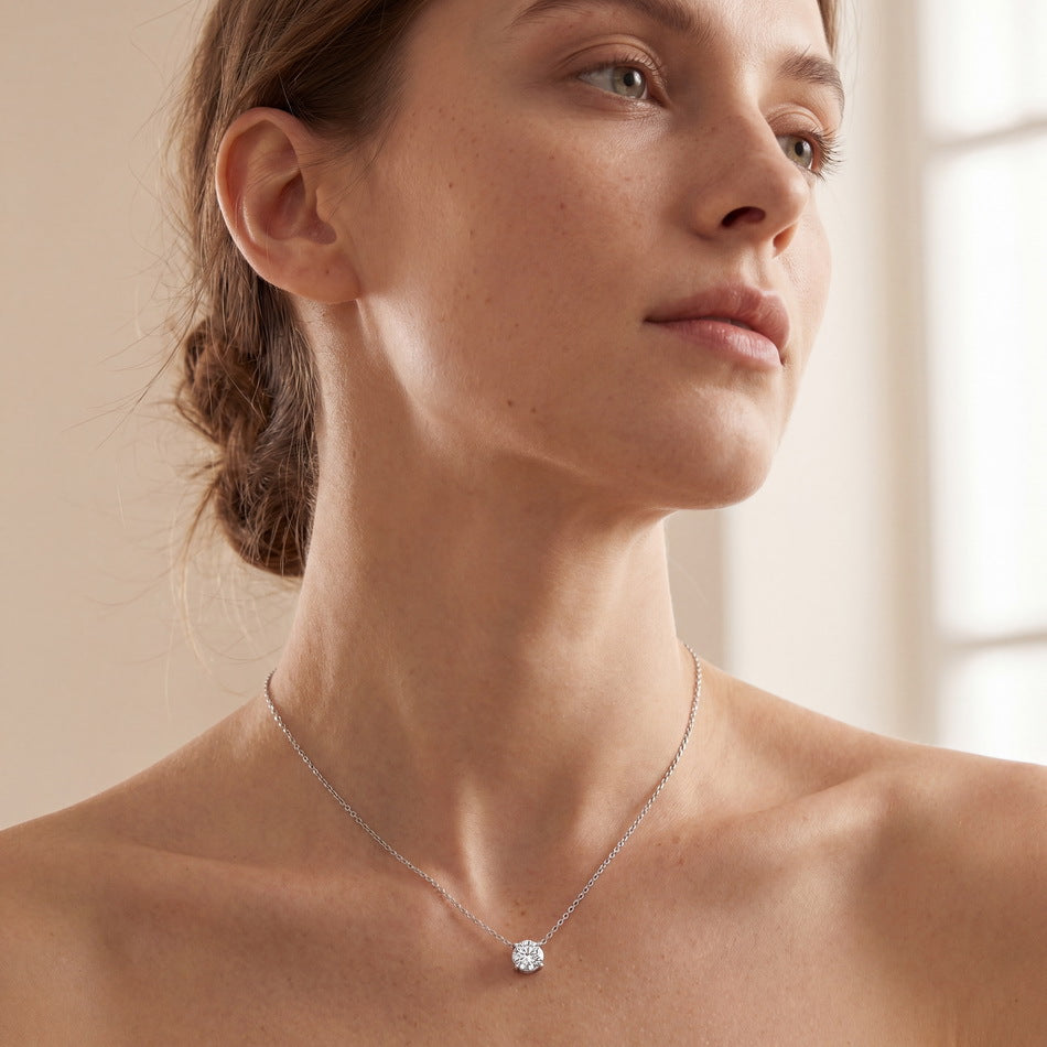 Model wearing the lab diamond solitaire necklace
