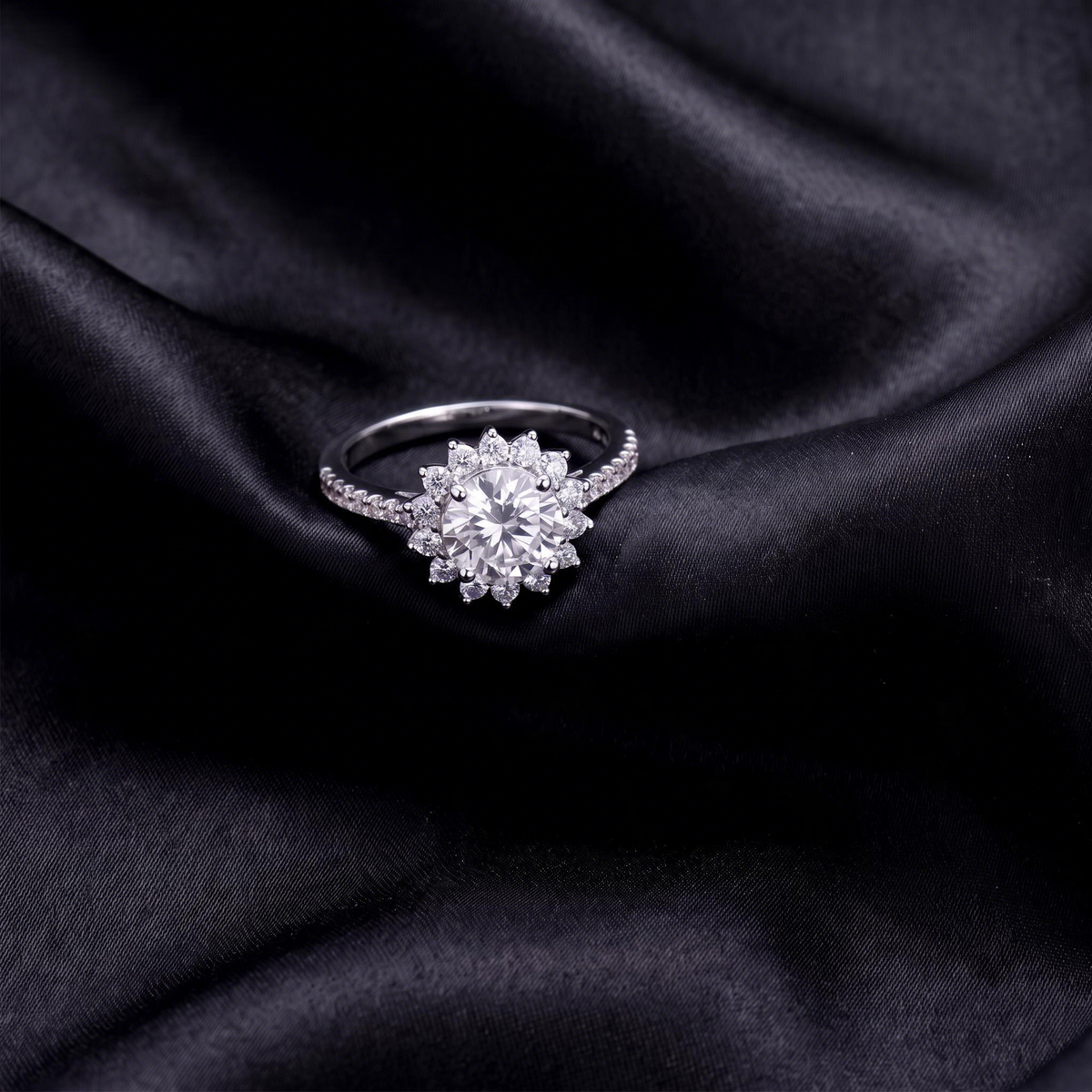 Sunflower halo ring on dark satin ·