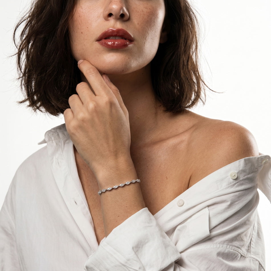 Model wearing the marquise tennis bracelet