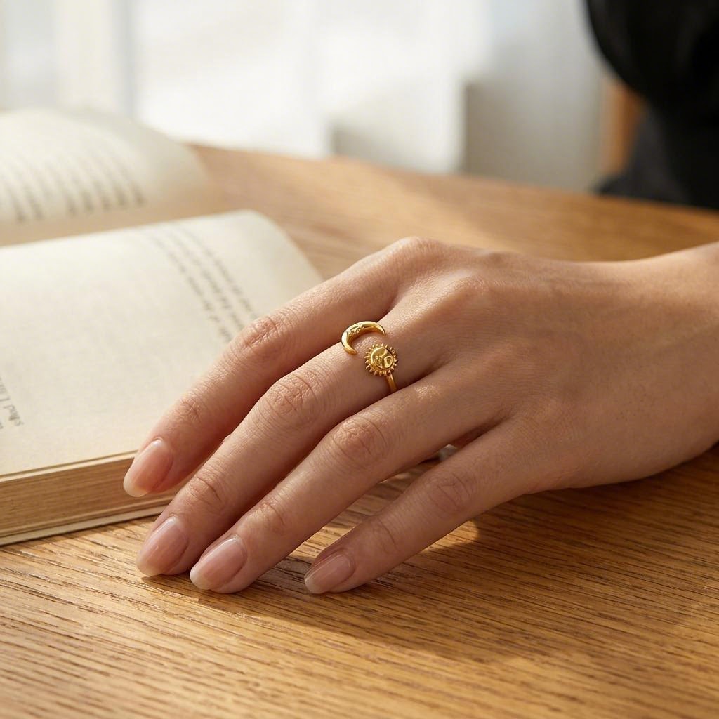Moon and Sun Ring worn on the hand