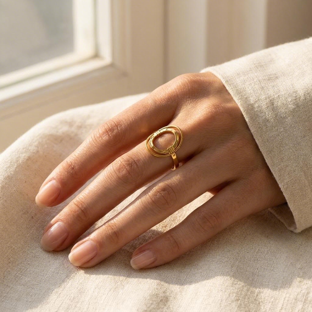 Oval Halo Ring worn on the hand