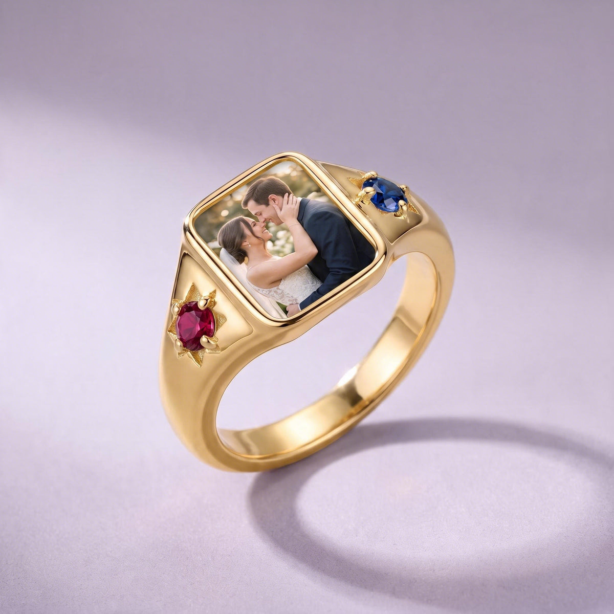 Photo Birthstone Signet Ring in gold with ruby and sapphire birthstones