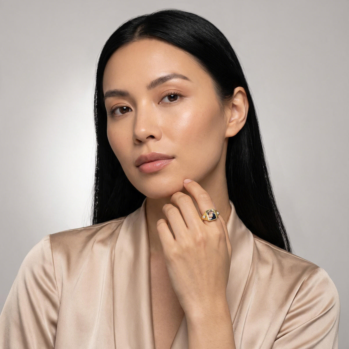 Photo Birthstone Signet Ring worn by a model